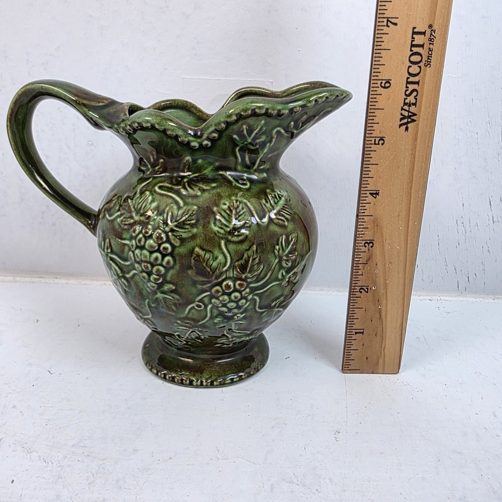 Vtg Signed Ceramic Pitcher Green Majolica Style Jug Dark Academia Cottagecore 6" - Picture 2 of 6